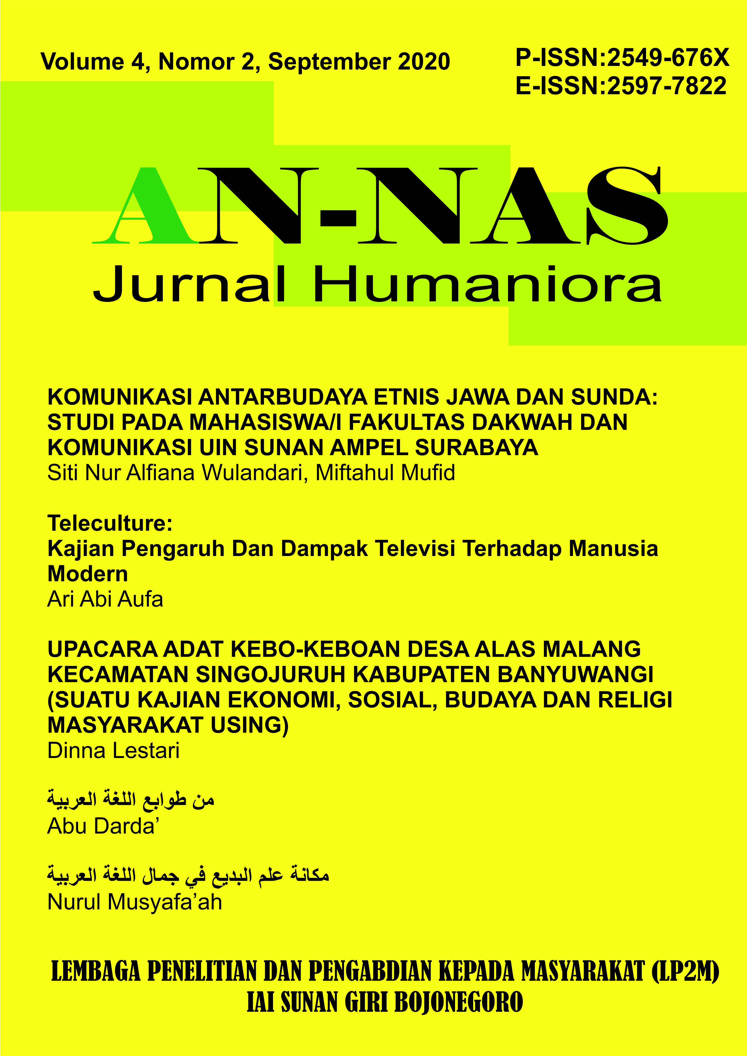 					View Vol. 4 No. 2 (2020): AN-NAS: Jurnal Humaniora
				